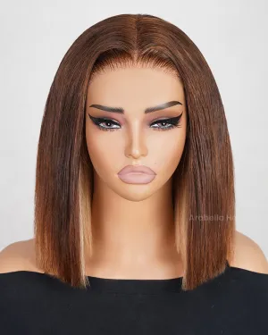 Minimalist Short Bob: Pre-Cut Glueless Lace Highlight #27 Color With Brown Colored Straight Bob Wig 3D Cap Pre-Plucked Mini Knots