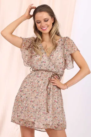 MISS PINKI Daniela sheer chiffon dress with belt in beige ditsy