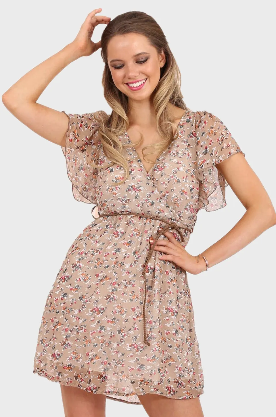 MISS PINKI Daniela sheer chiffon dress with belt in beige ditsy