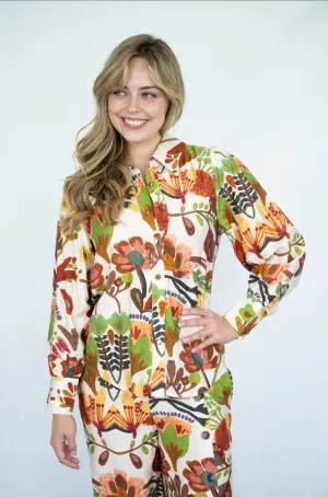 Mocha Floral Print Collared Blouse