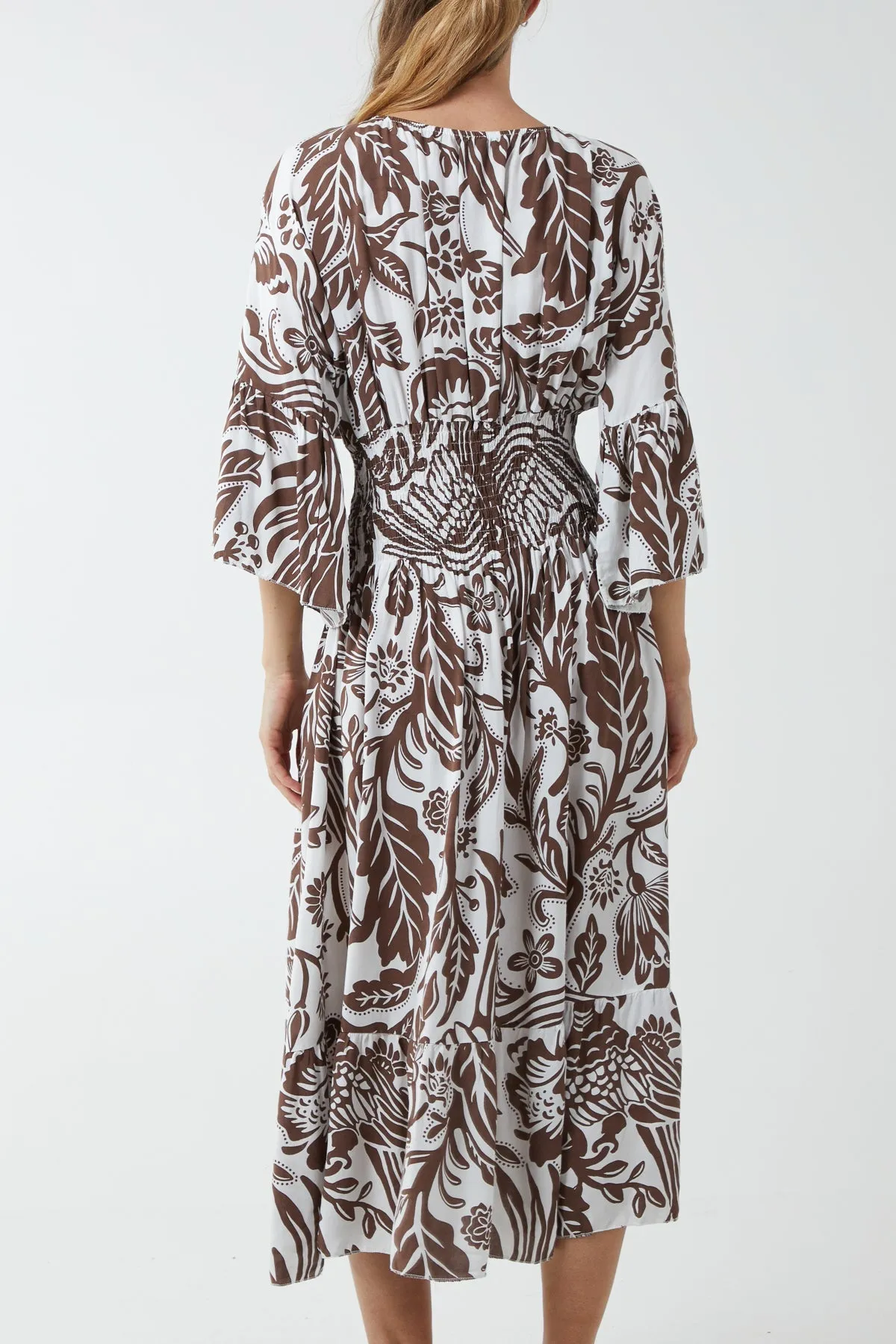 Monochromatic Floral Shirred Bodice Midi Dress
