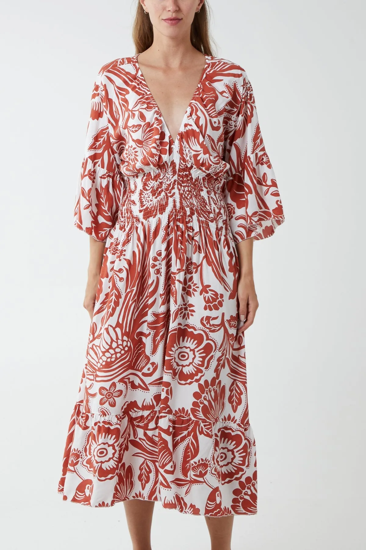 Monochromatic Floral Shirred Bodice Midi Dress