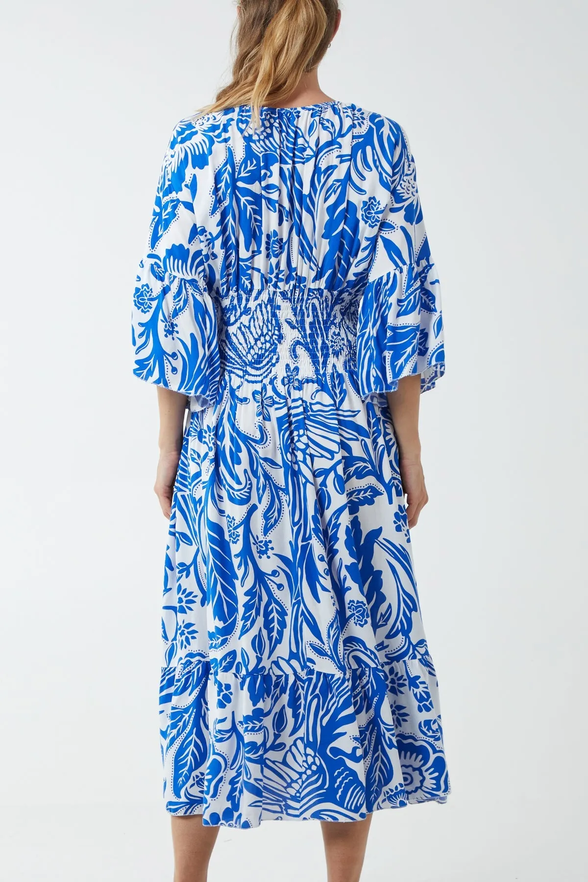Monochromatic Floral Shirred Bodice Midi Dress