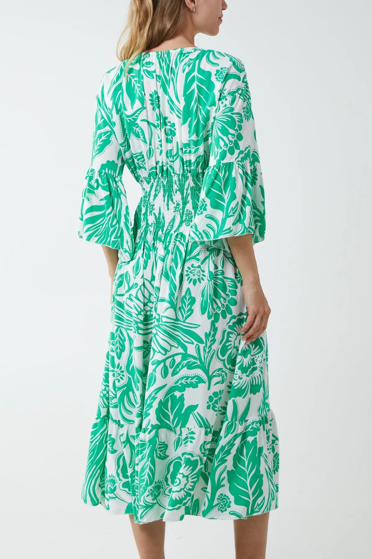 Monochromatic Floral Shirred Bodice Midi Dress