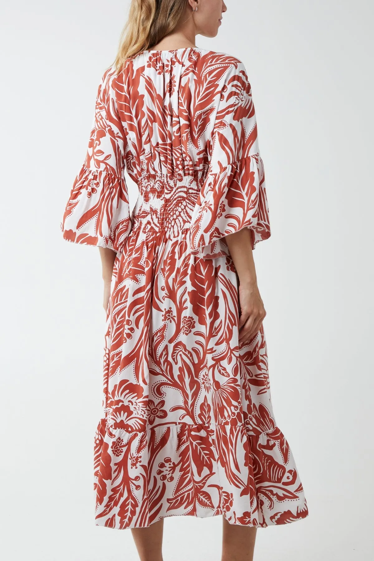Monochromatic Floral Shirred Bodice Midi Dress
