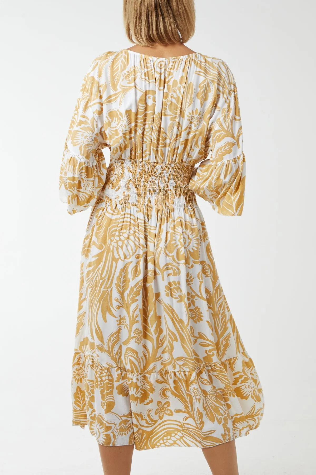 Monochromatic Floral Shirred Bodice Midi Dress