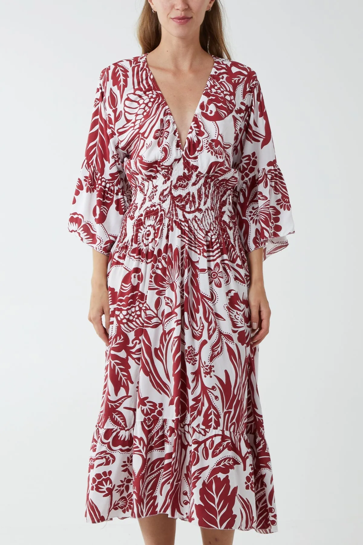 Monochromatic Floral Shirred Bodice Midi Dress