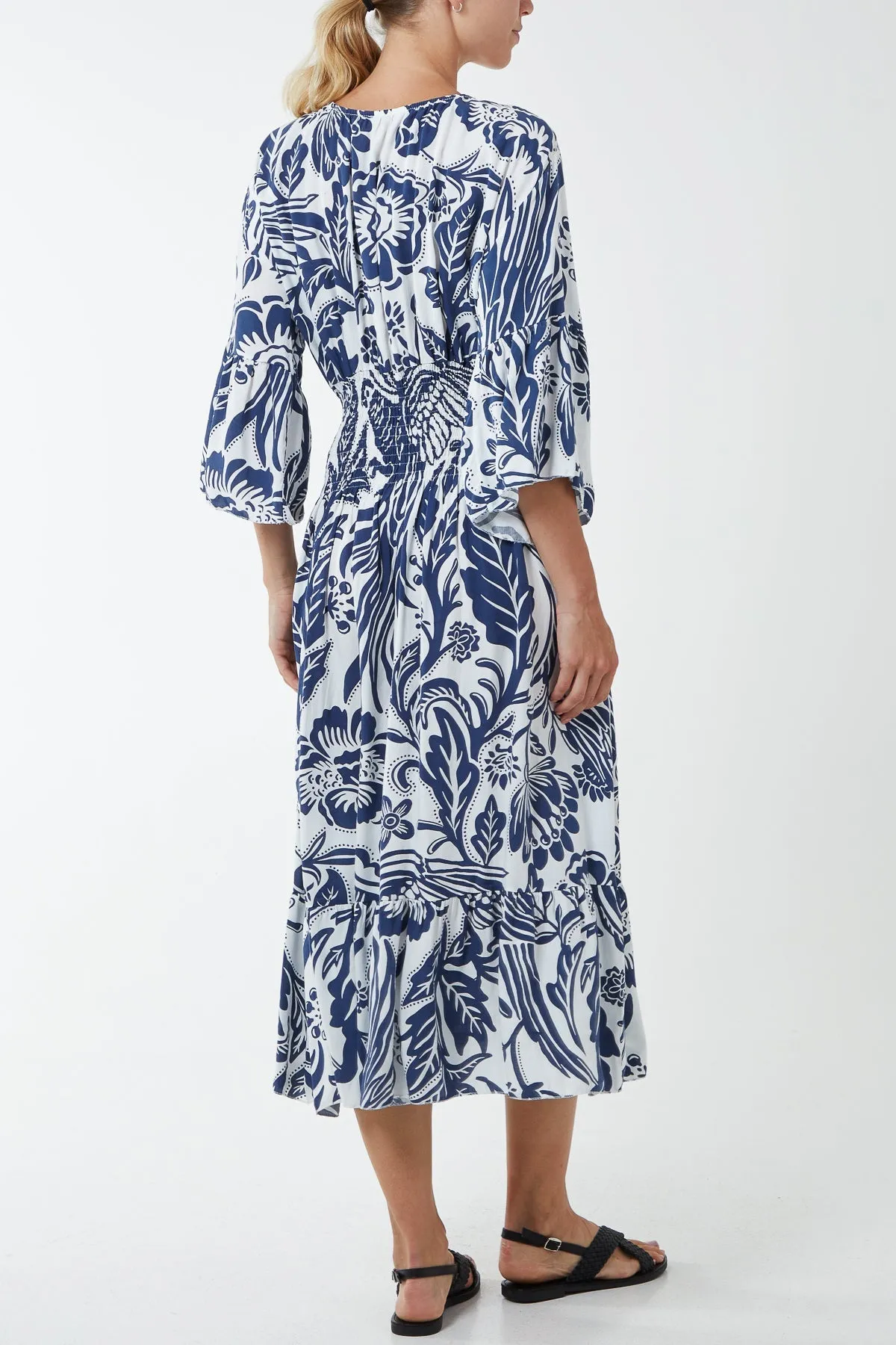 Monochromatic Floral Shirred Bodice Midi Dress