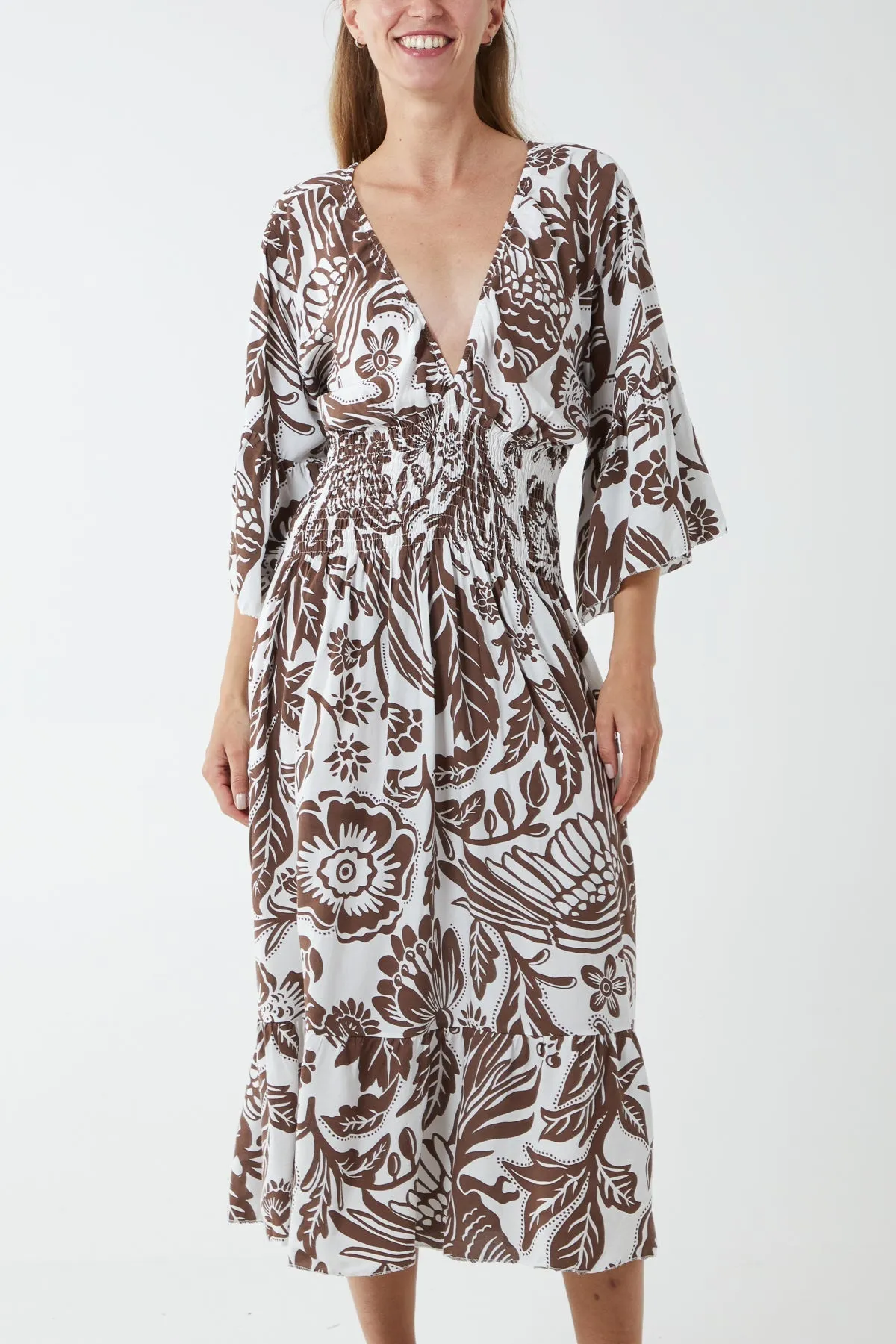 Monochromatic Floral Shirred Bodice Midi Dress