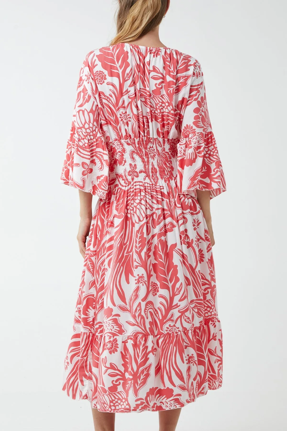 Monochromatic Floral Shirred Bodice Midi Dress