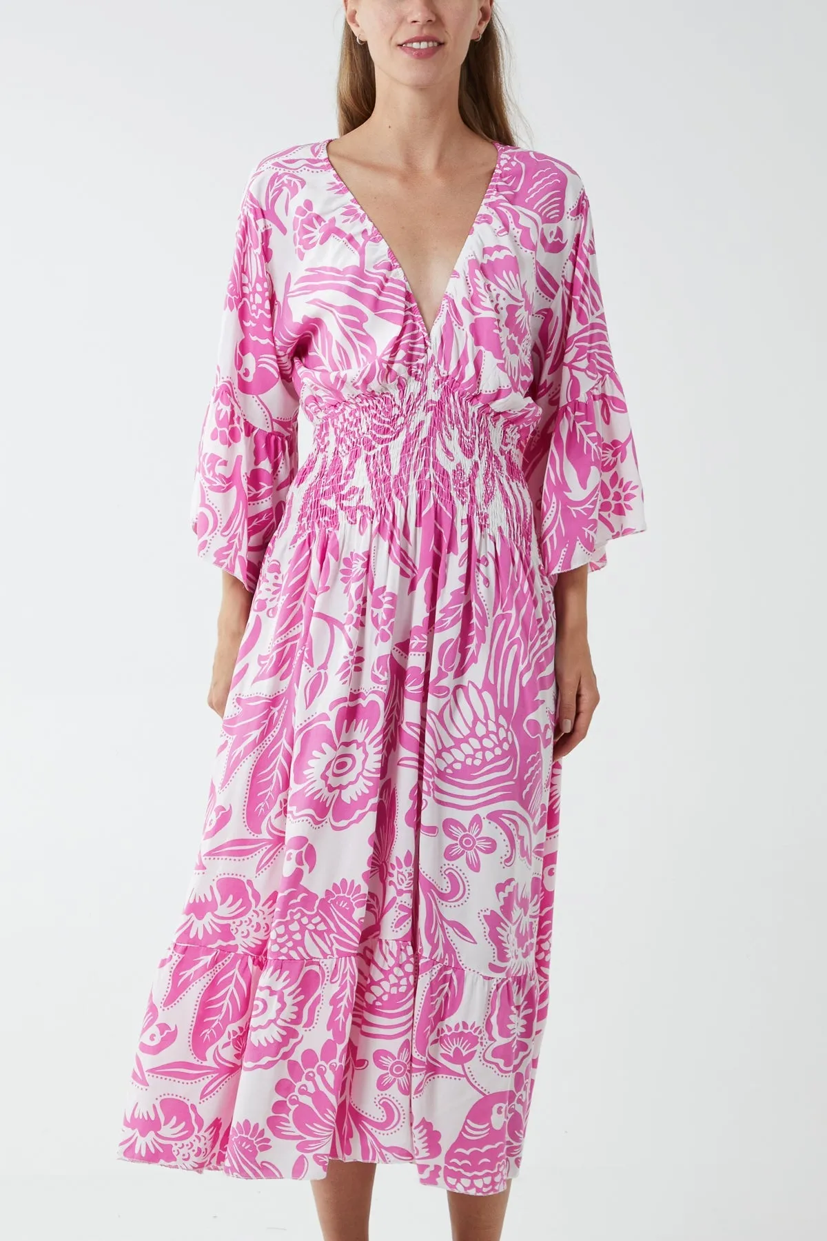 Monochromatic Floral Shirred Bodice Midi Dress