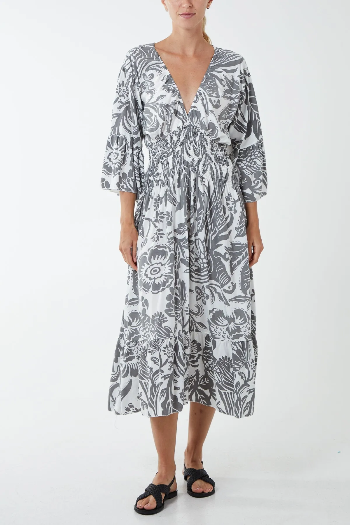 Monochromatic Floral Shirred Bodice Midi Dress