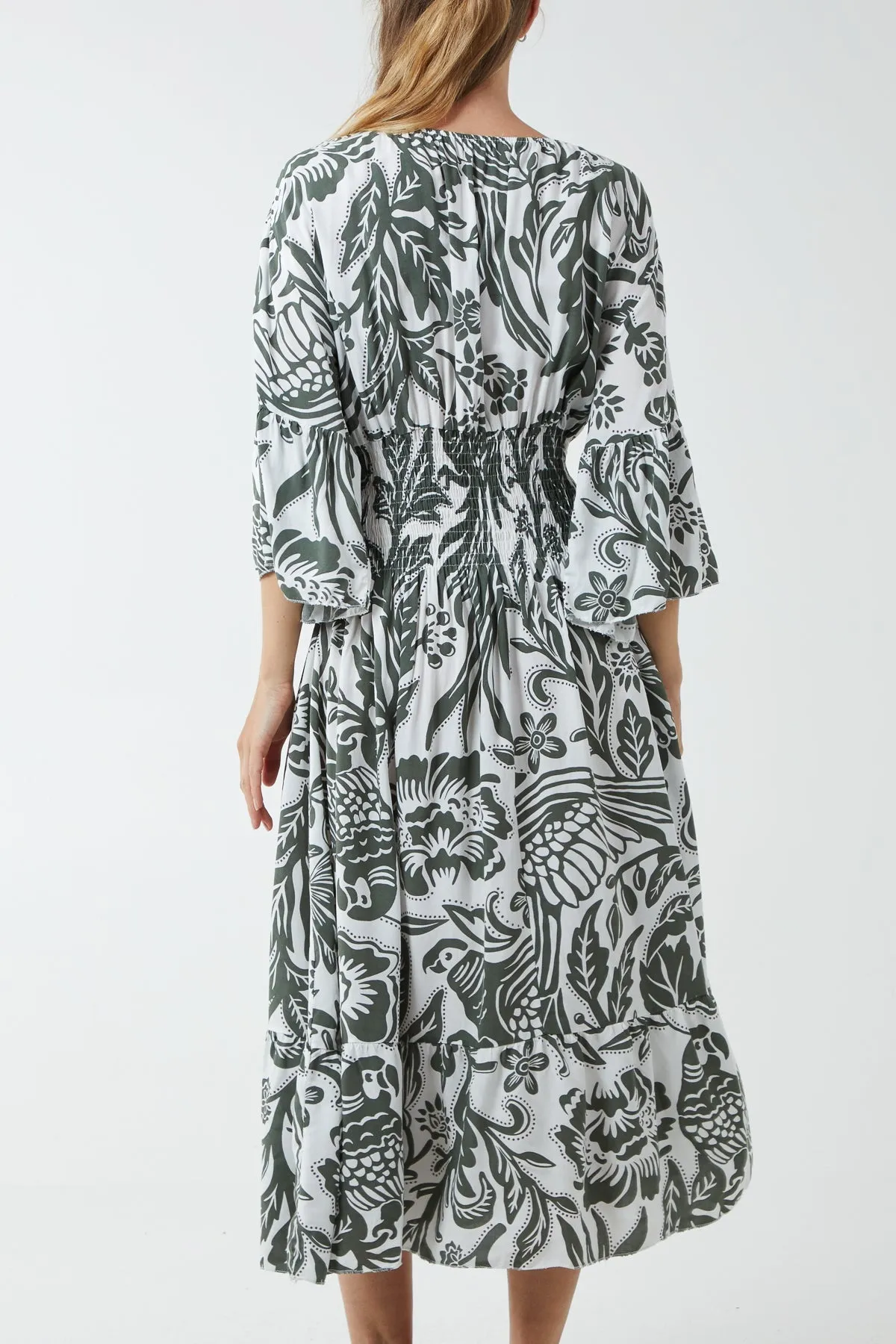 Monochromatic Floral Shirred Bodice Midi Dress