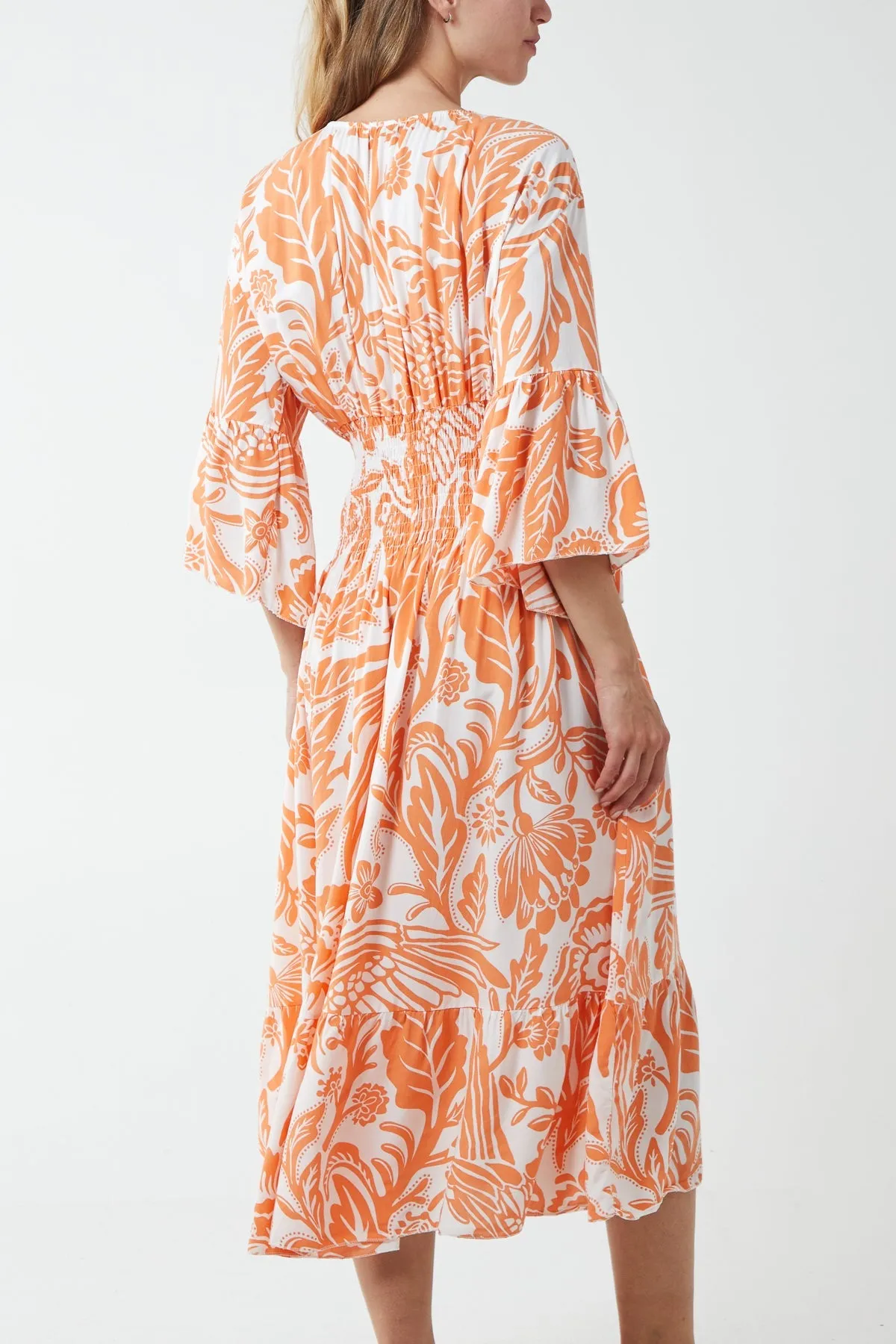 Monochromatic Floral Shirred Bodice Midi Dress