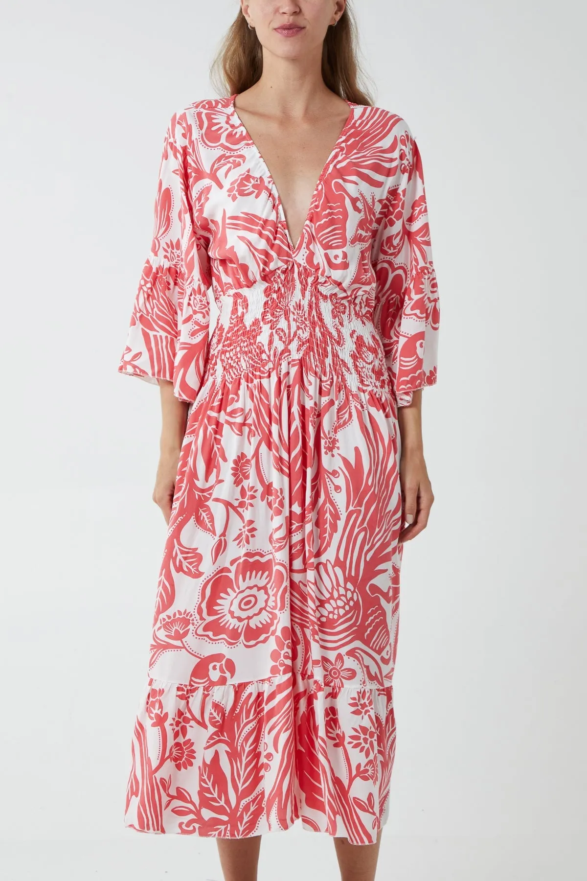 Monochromatic Floral Shirred Bodice Midi Dress