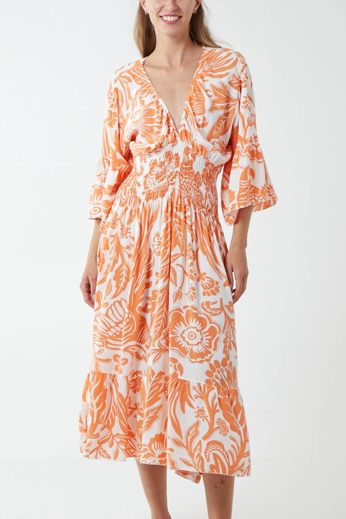 Monochromatic Floral Shirred Bodice Midi Dress