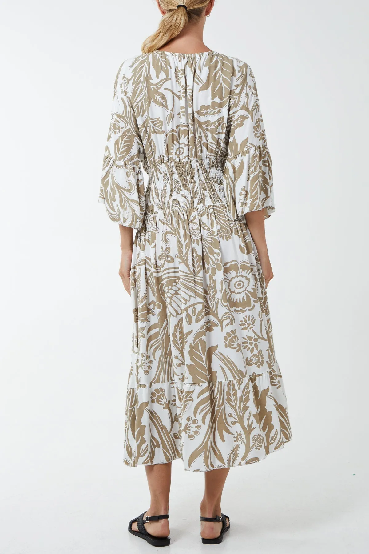 Monochromatic Floral Shirred Bodice Midi Dress