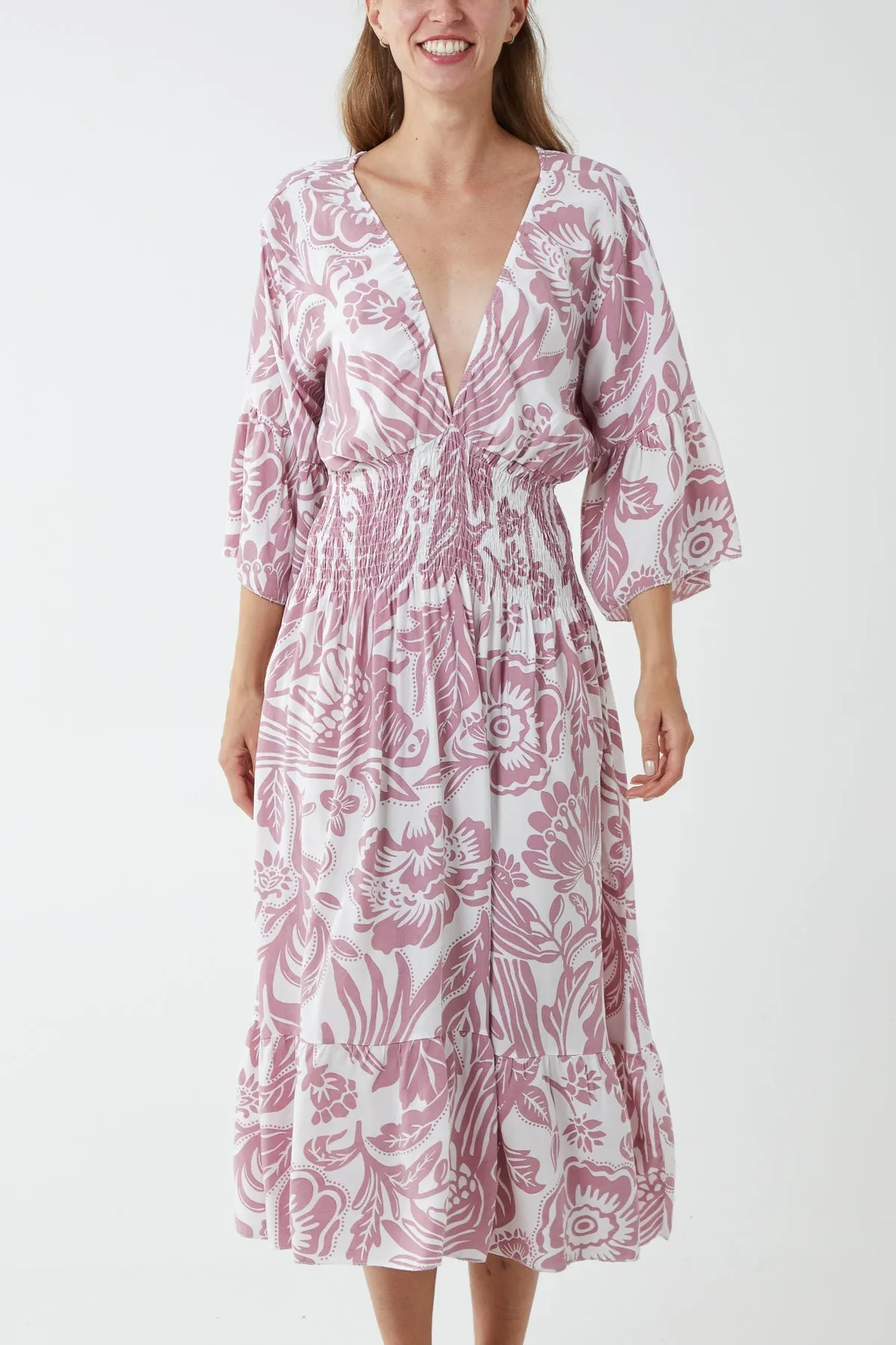 Monochromatic Floral Shirred Bodice Midi Dress