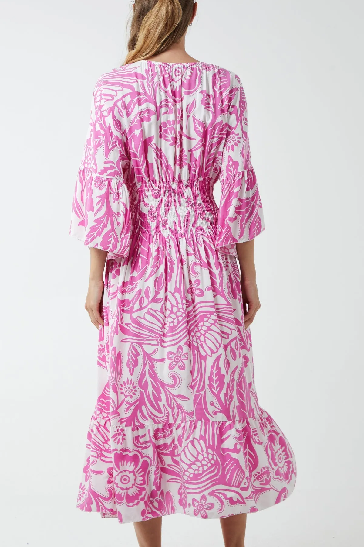 Monochromatic Floral Shirred Bodice Midi Dress
