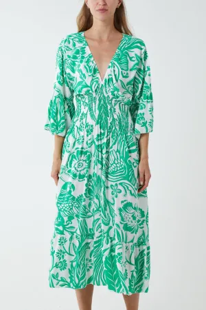 Monochromatic Floral Shirred Bodice Midi Dress