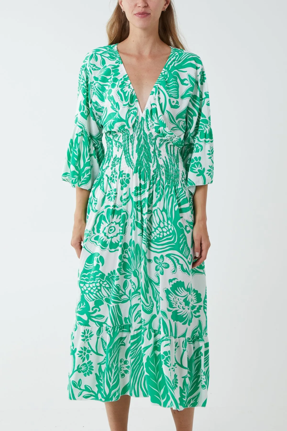 Monochromatic Floral Shirred Bodice Midi Dress