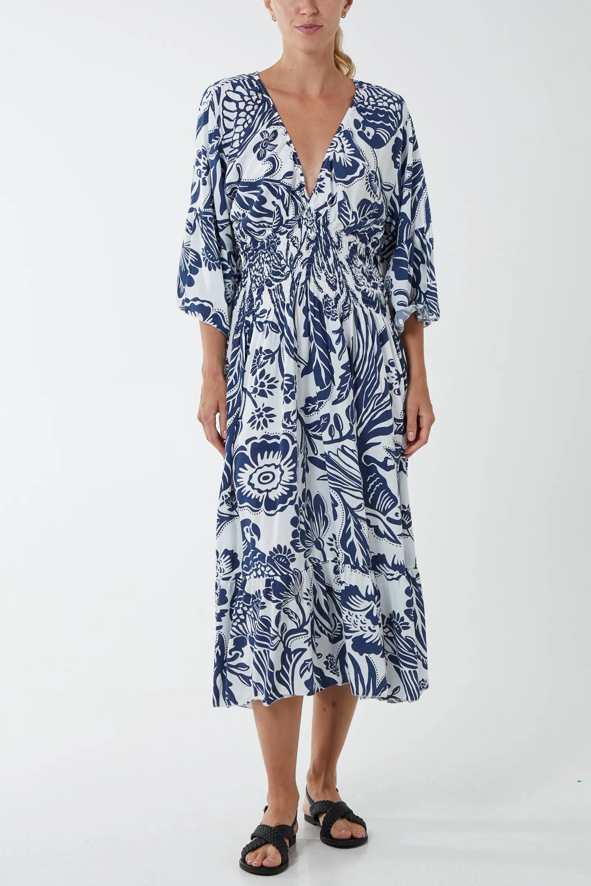 Monochromatic Floral Shirred Bodice Midi Dress