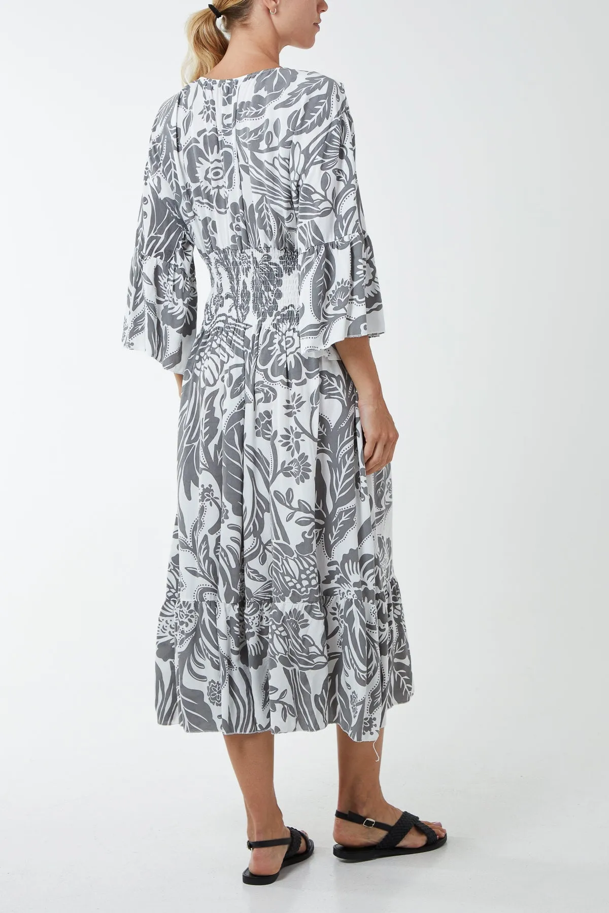 Monochromatic Floral Shirred Bodice Midi Dress