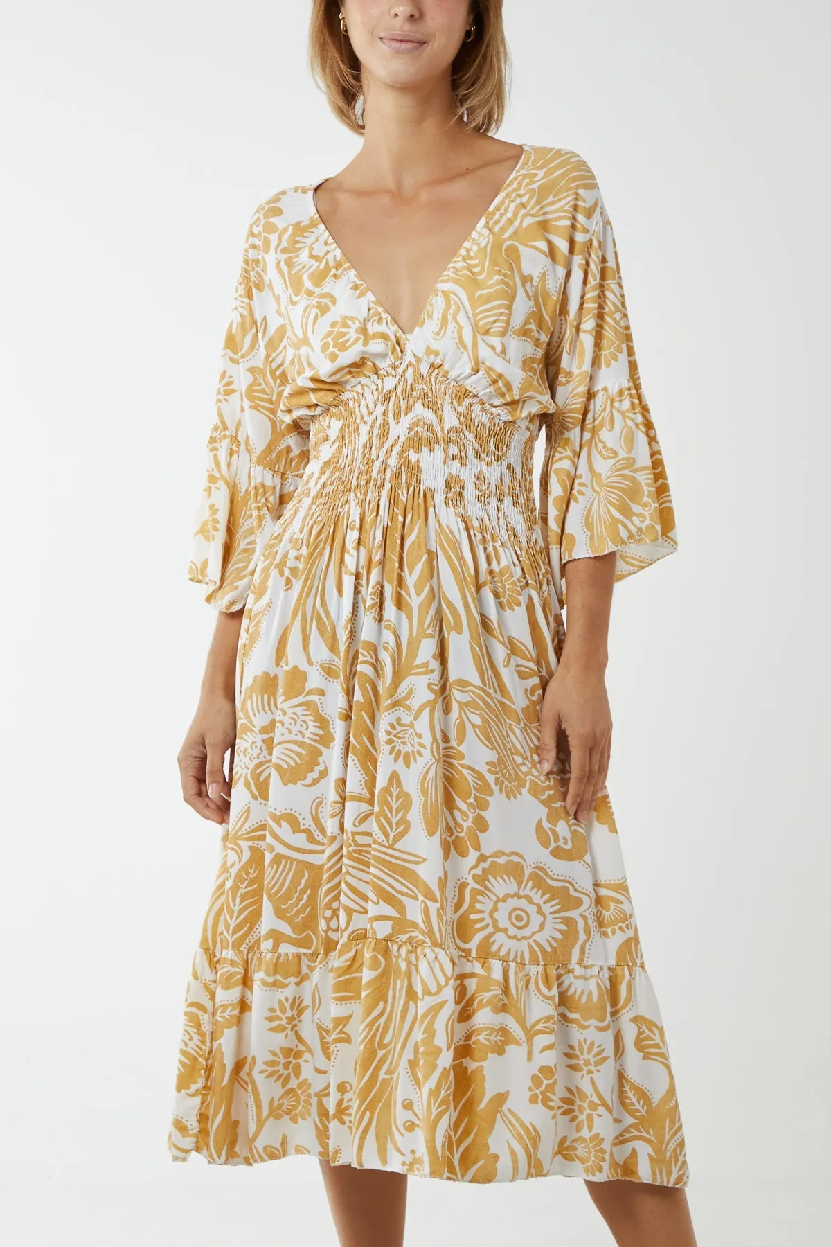 Monochromatic Floral Shirred Bodice Midi Dress