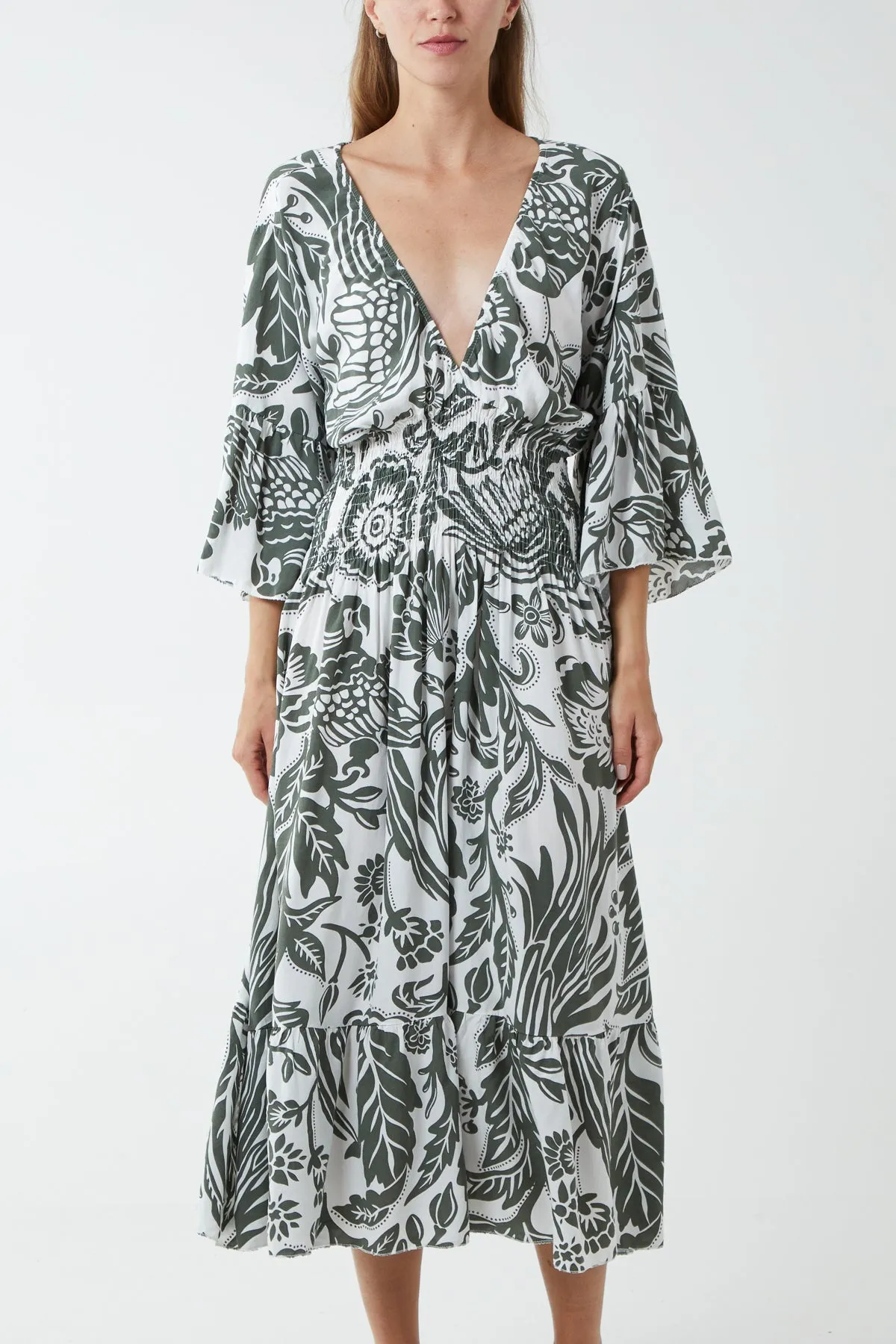 Monochromatic Floral Shirred Bodice Midi Dress