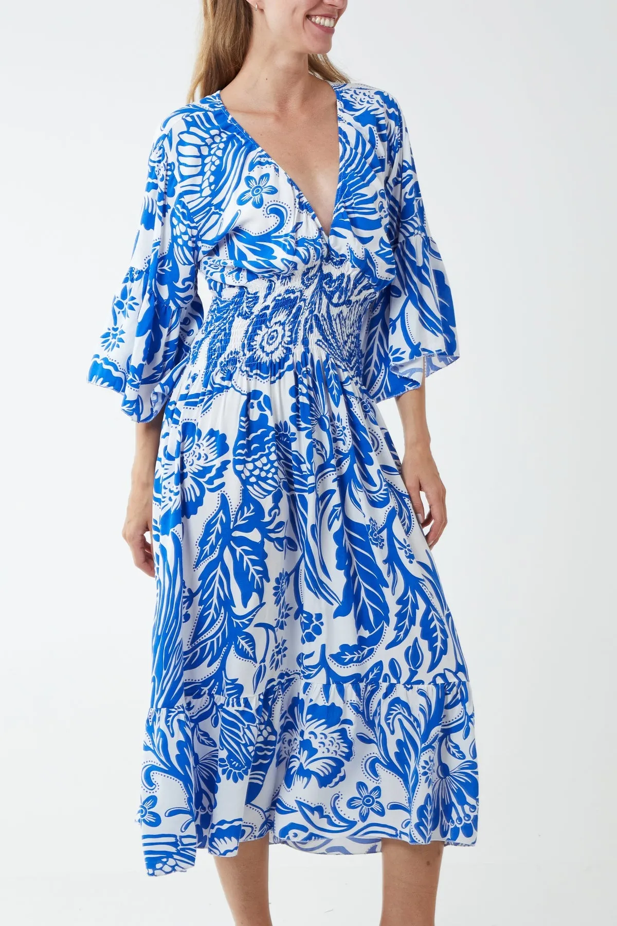 Monochromatic Floral Shirred Bodice Midi Dress