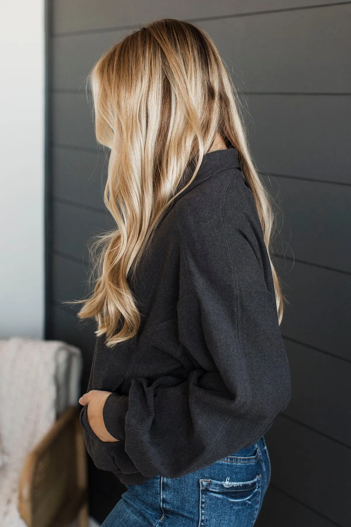 More Than Possible Quarter Button Pullover- Dark Charcoal