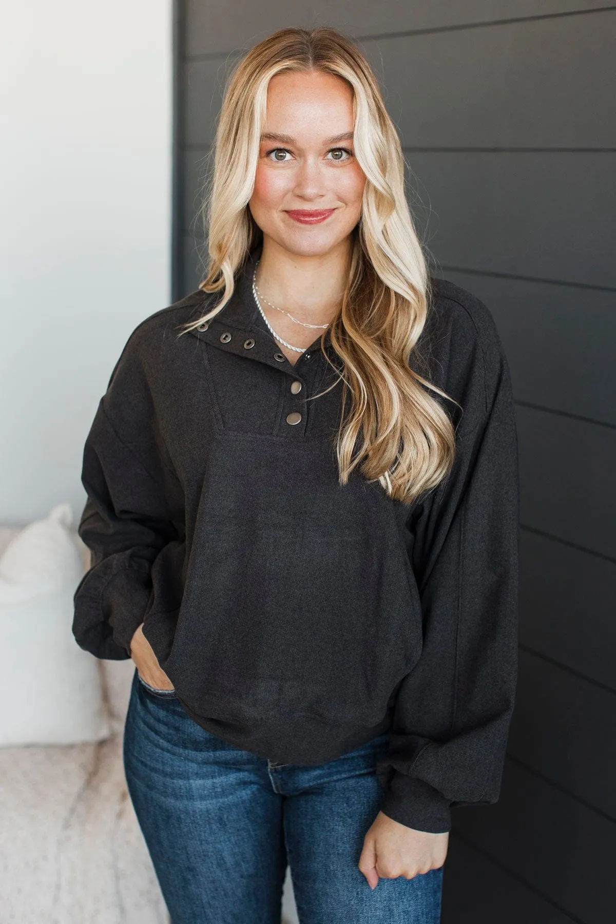 More Than Possible Quarter Button Pullover- Dark Charcoal