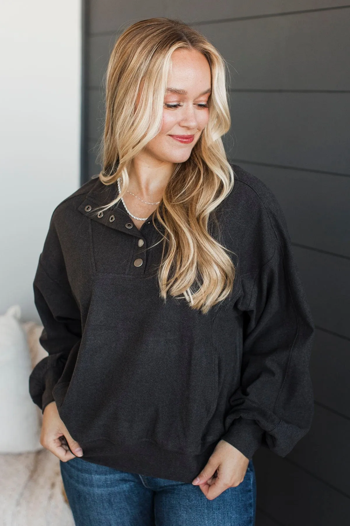 More Than Possible Quarter Button Pullover- Dark Charcoal