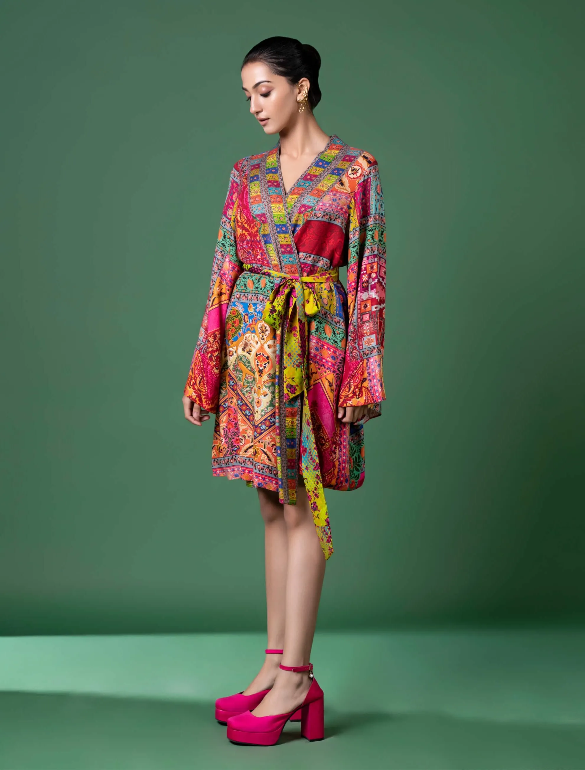 Multicolor wrap dress and belt
