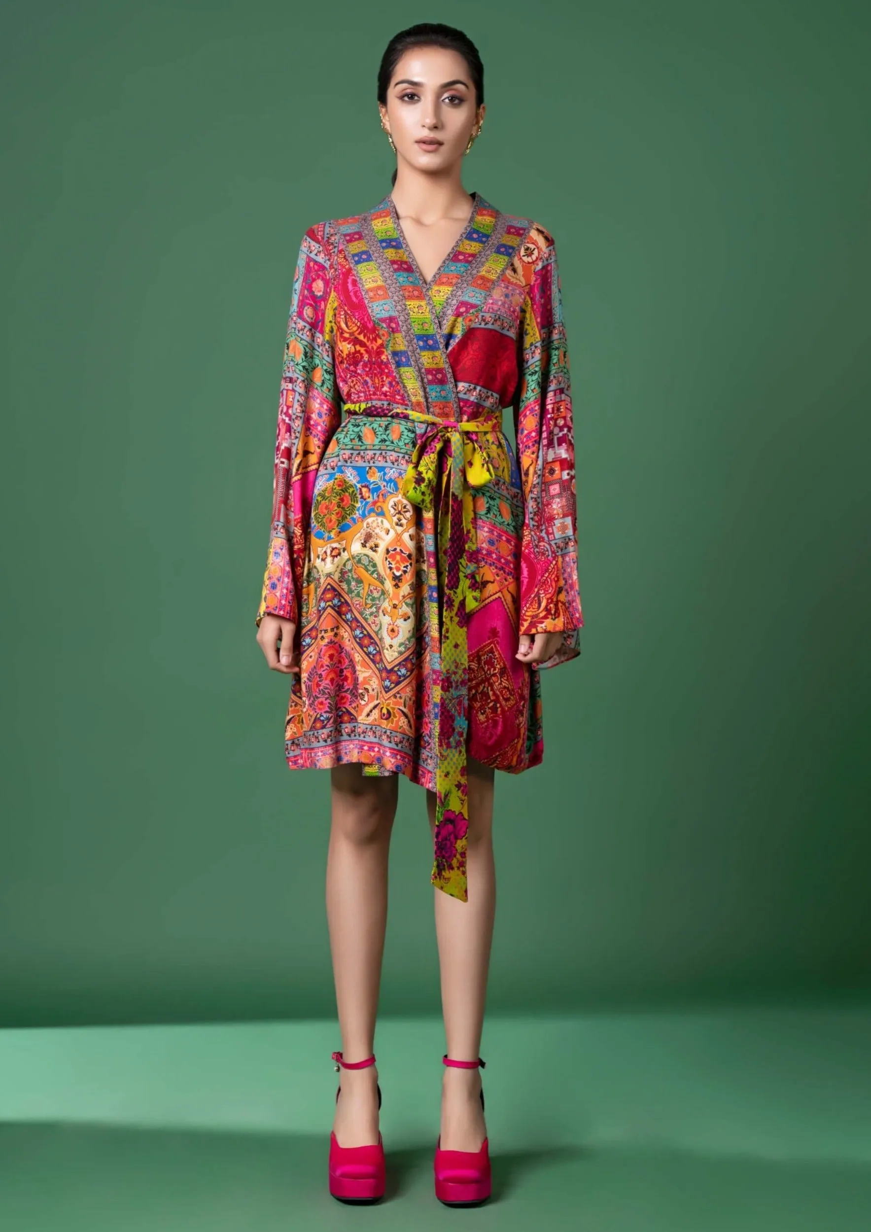 Multicolor wrap dress and belt