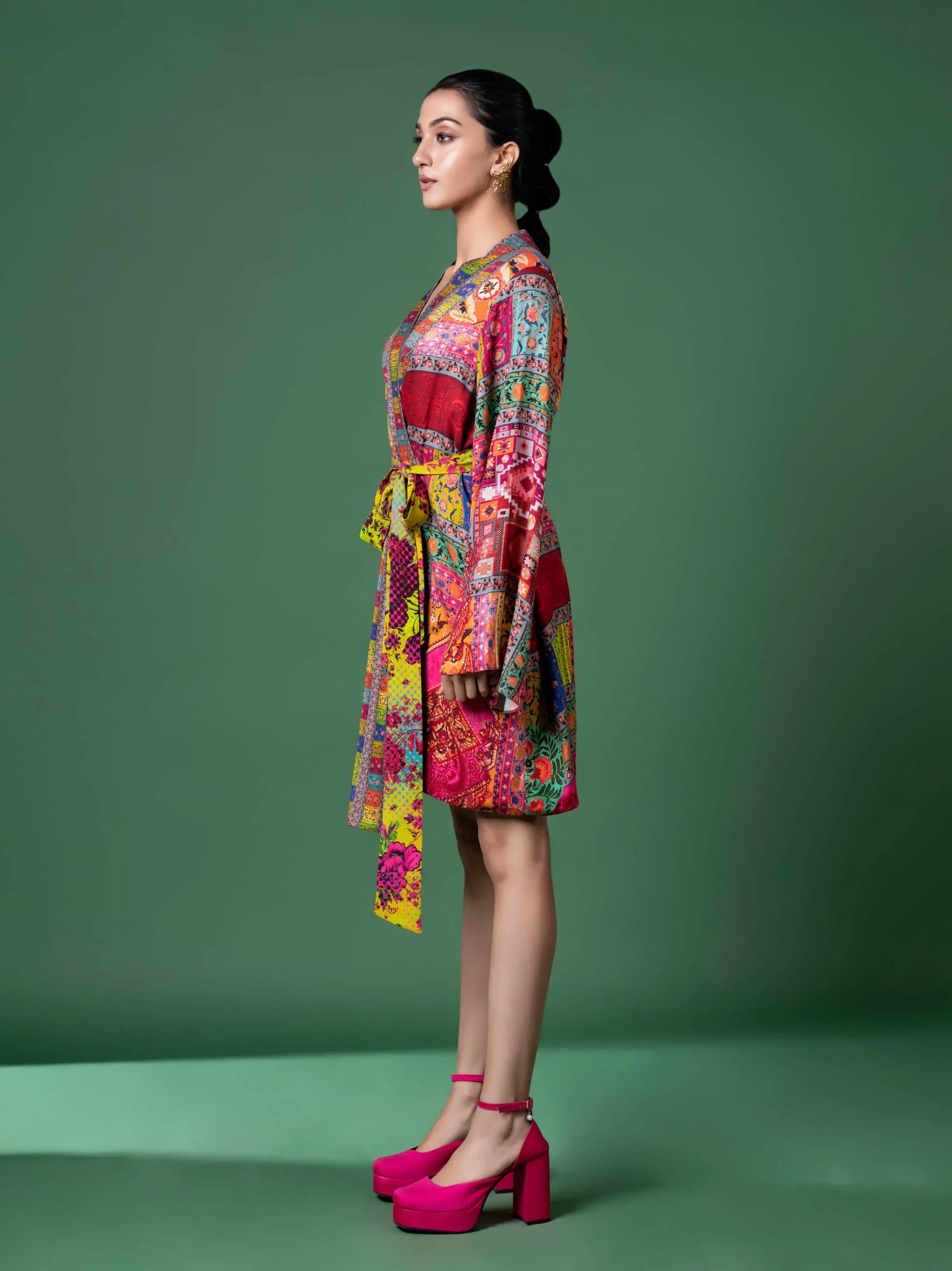 Multicolor wrap dress and belt