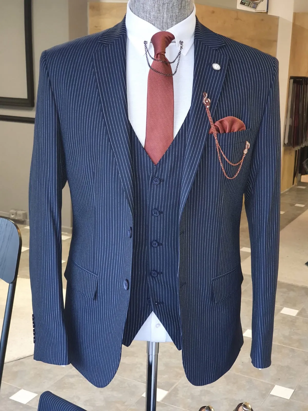 Napoli Navy Blue Slim Fit Pinstripe Suit - Elegant Three-Piece Set