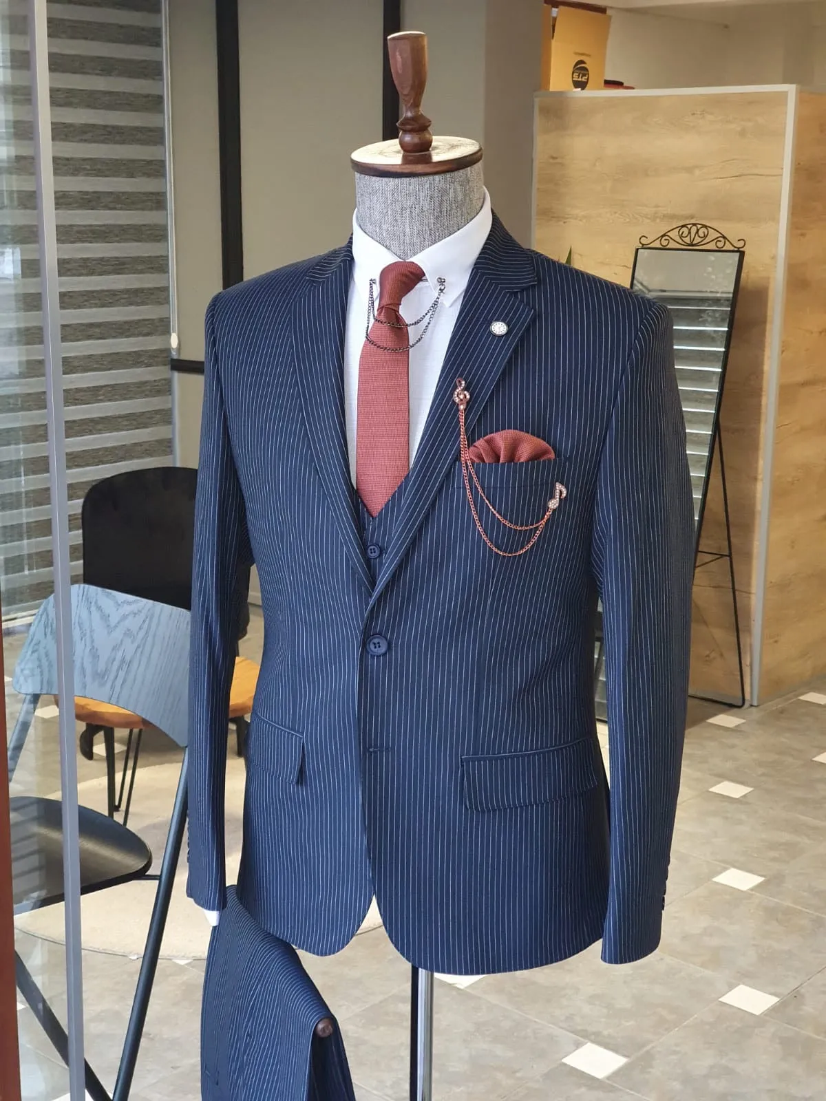 Napoli Navy Blue Slim Fit Pinstripe Suit - Elegant Three-Piece Set