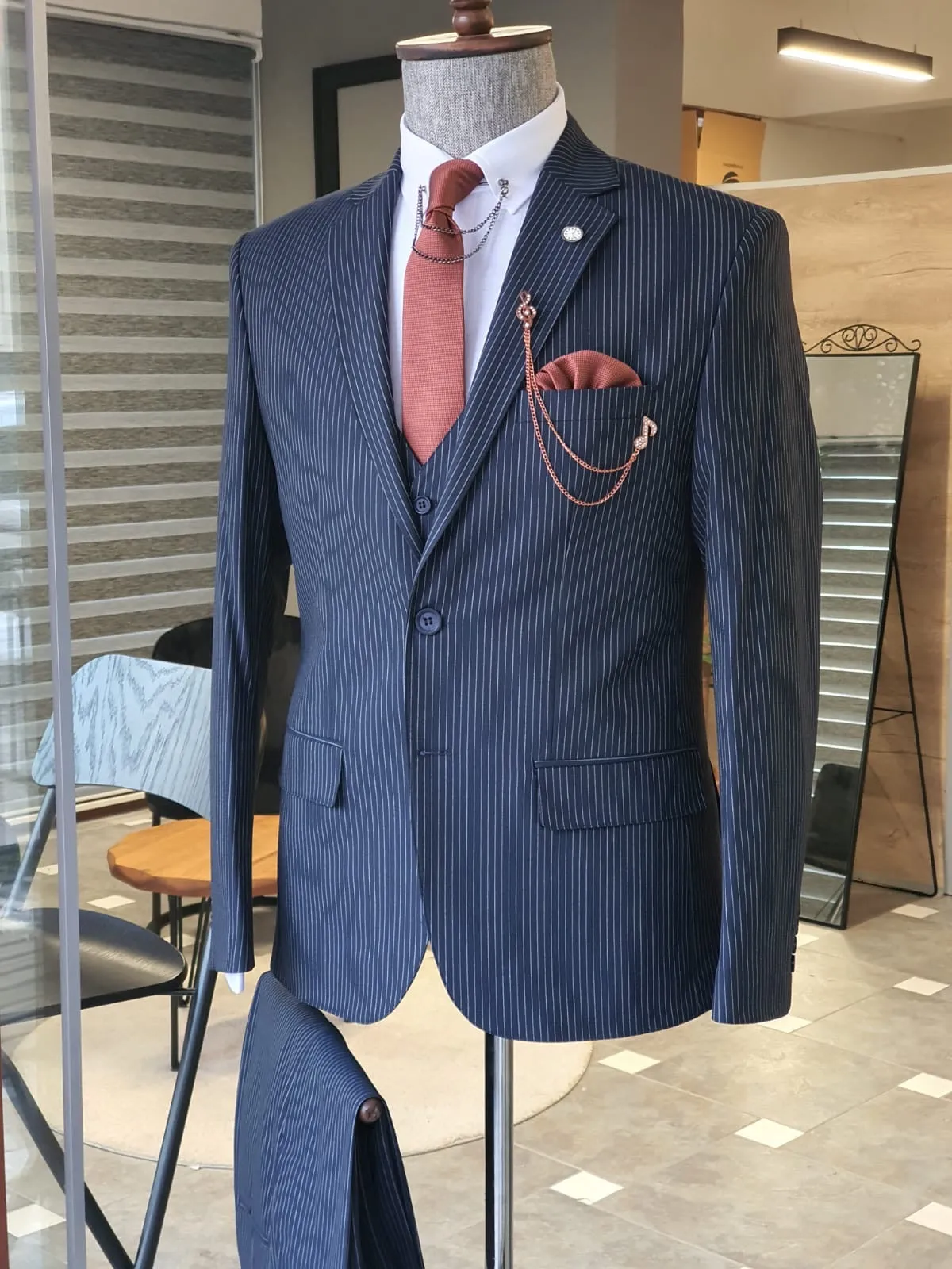 Napoli Navy Blue Slim Fit Pinstripe Suit - Elegant Three-Piece Set