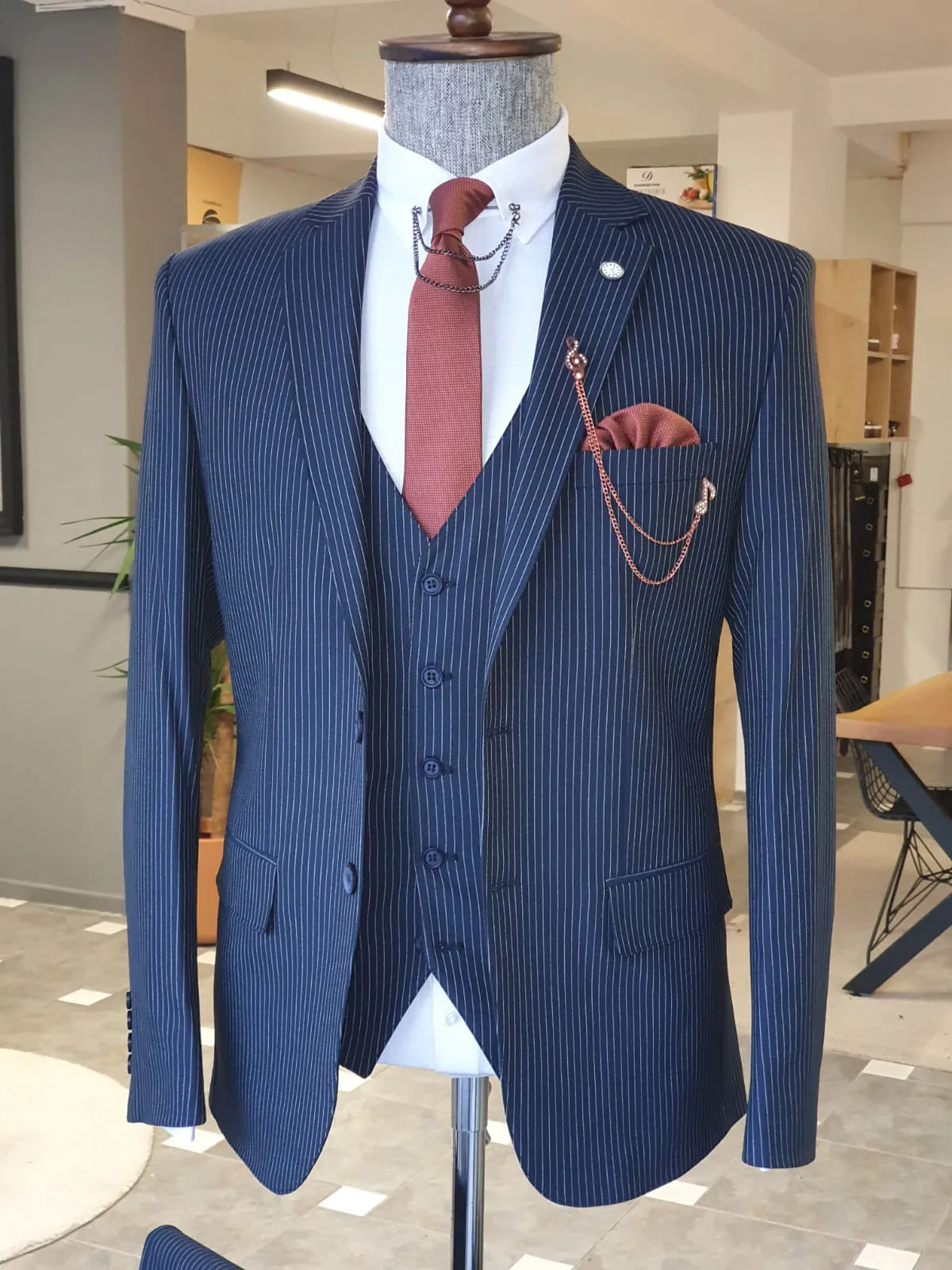 Napoli Navy Blue Slim Fit Pinstripe Suit - Elegant Three-Piece Set