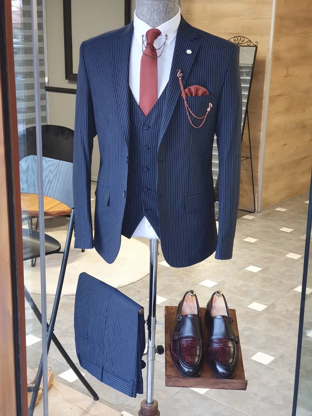 Napoli Navy Blue Slim Fit Pinstripe Suit - Elegant Three-Piece Set