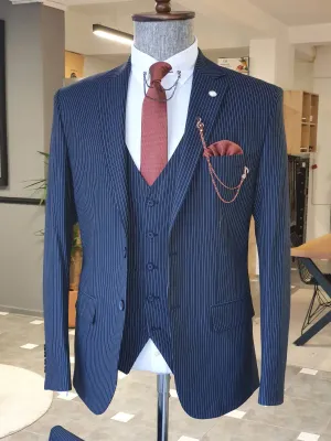 Napoli Navy Blue Slim Fit Pinstripe Suit - Elegant Three-Piece Set