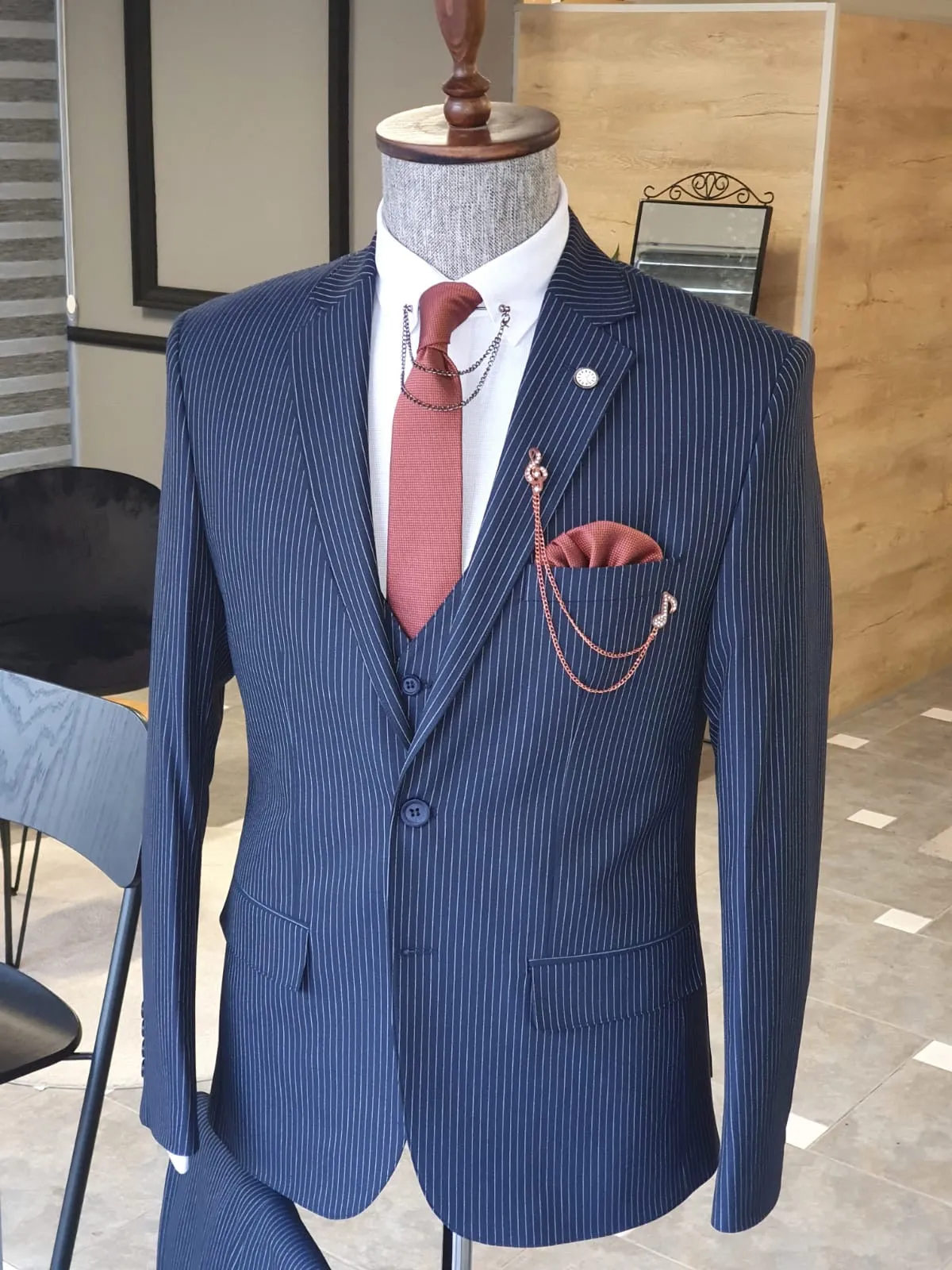 Napoli Navy Blue Slim Fit Pinstripe Suit - Elegant Three-Piece Set