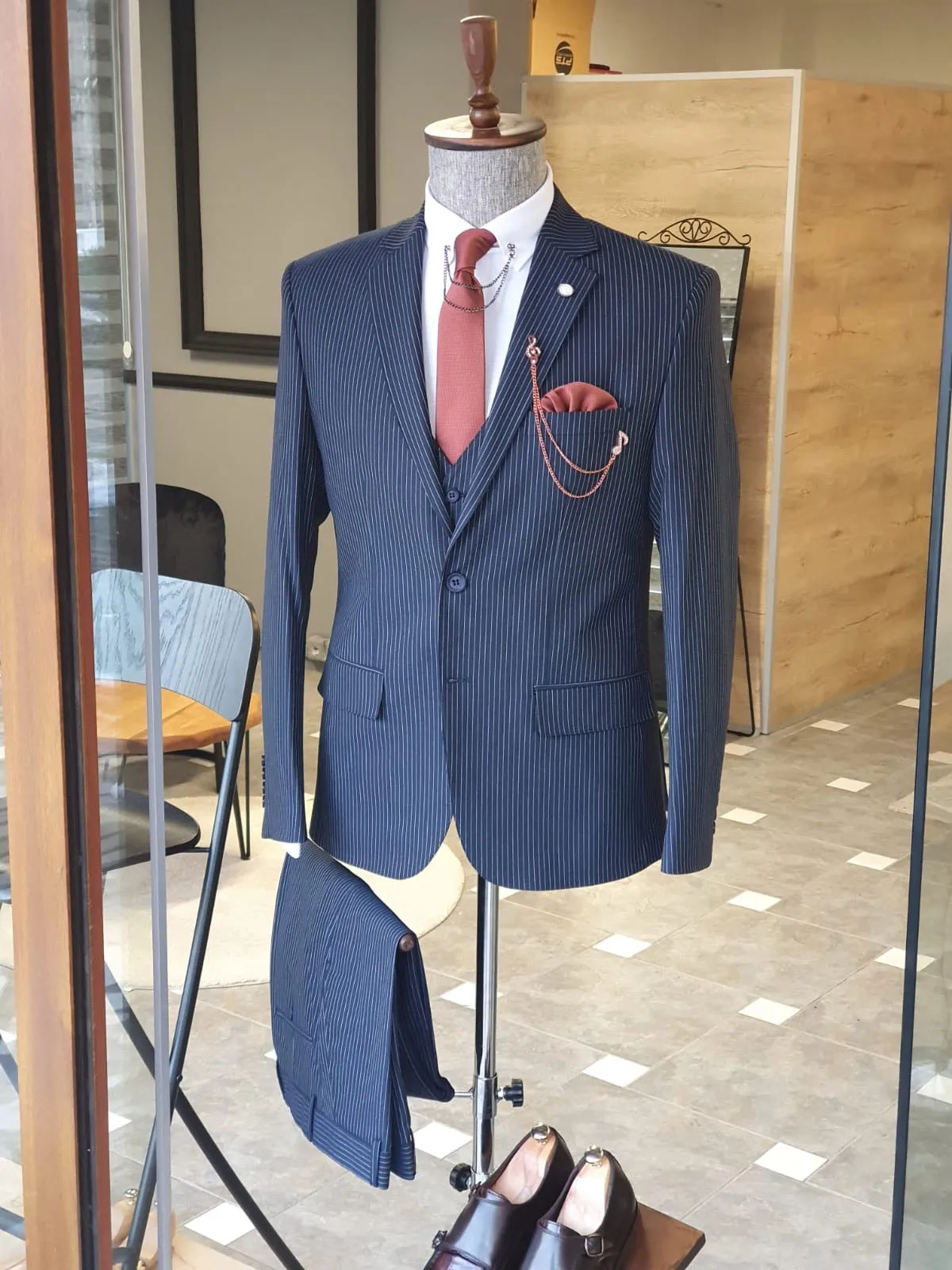 Napoli Navy Blue Slim Fit Pinstripe Suit - Elegant Three-Piece Set
