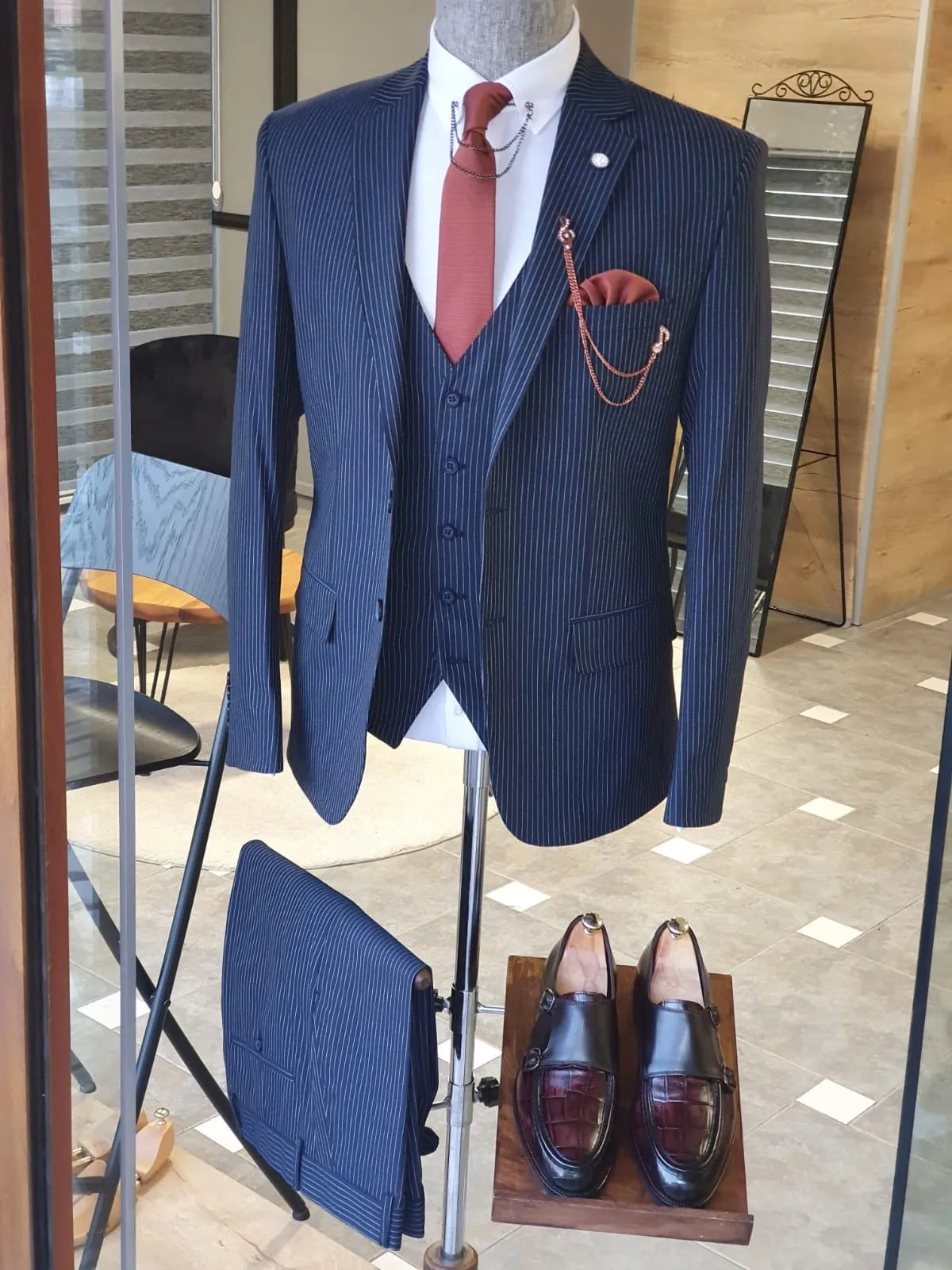 Napoli Navy Blue Slim Fit Pinstripe Suit - Elegant Three-Piece Set