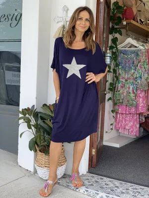 Navy Star Sequin Jersey Dress