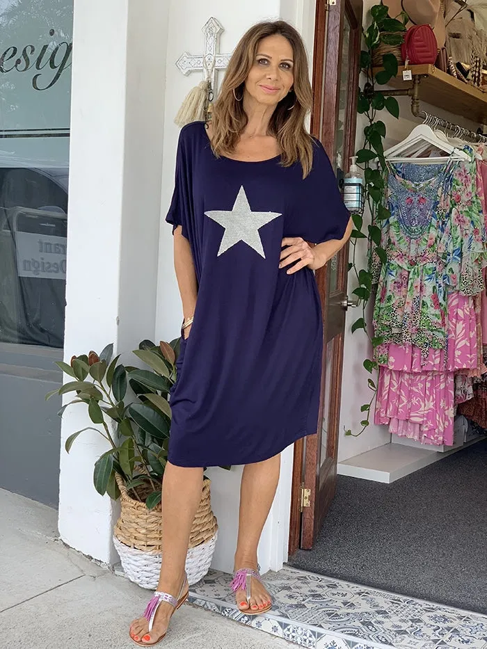 Navy Star Sequin Jersey Dress