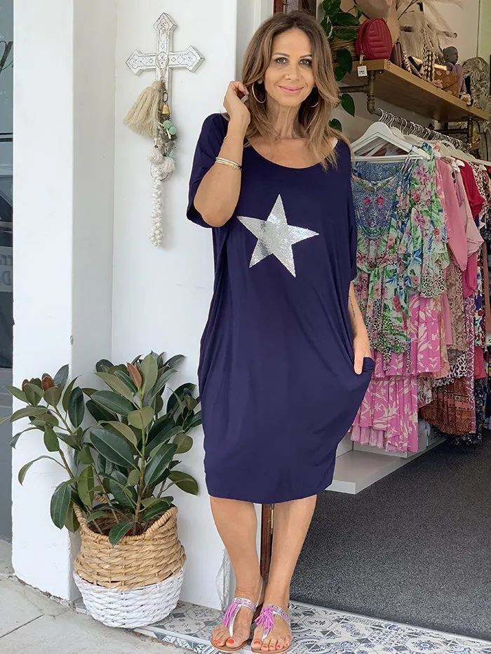 Navy Star Sequin Jersey Dress
