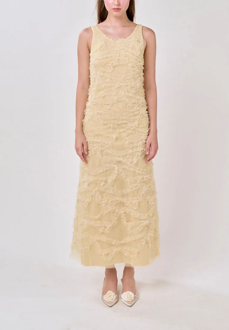 Nayeli Mustard Sleeveless Scoop Back Tulle Maxi Dress