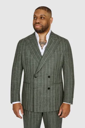 New SUITREVIEW Elmhurst Forest Green Wool, Silk, Linen Loro Piana Blue Stripe DB Suit - Size 38R (Other Sizes Made to Order)